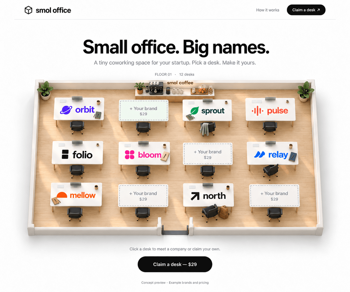 A miniature sunlit office with wooden floors, twelve desks, plants, and a smol coffee bar.